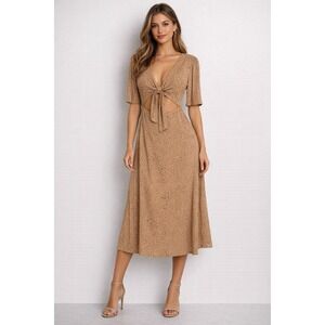 WAYF Leopard Print Midi Dress Womens Size M Tan Cutout Tie Front